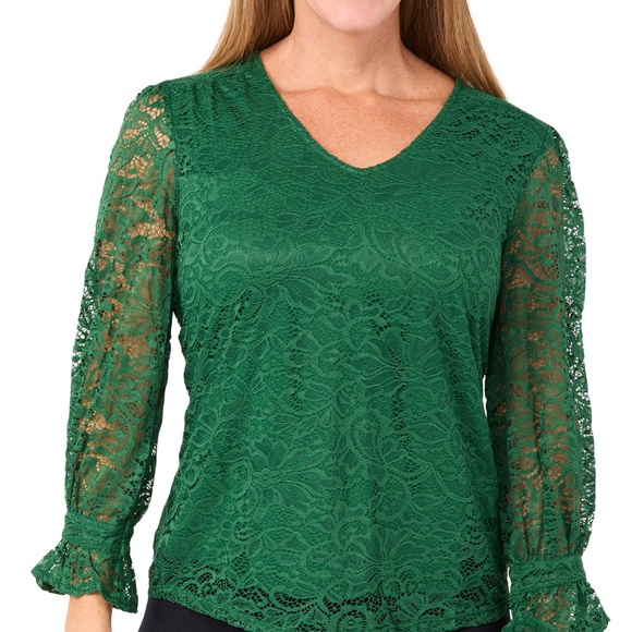 Zac & Rachel Tops - Zac & Rachel Emerald Green Floral Lace V-Neck Blouse - sz XL